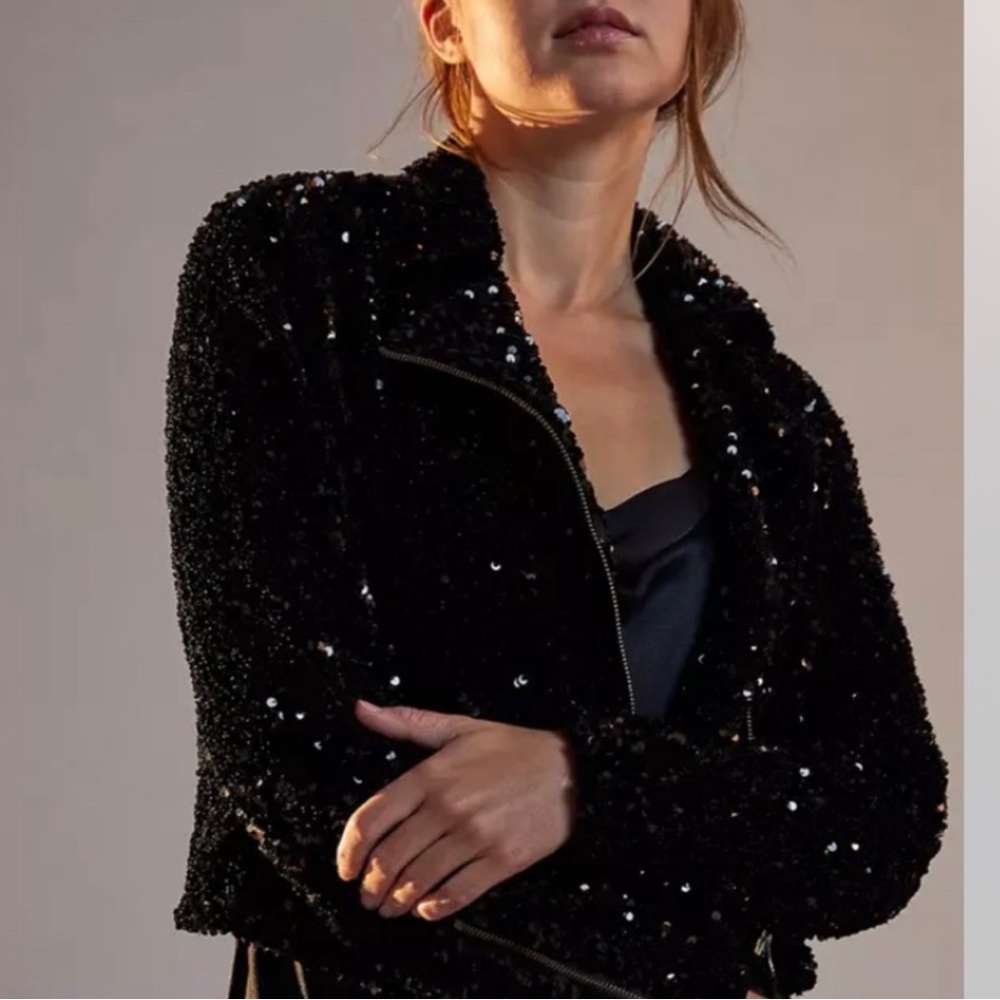 Maeve Anthropologie Jacket Womens XS Black Sequin Moto Zip Up Glam Biker Bling